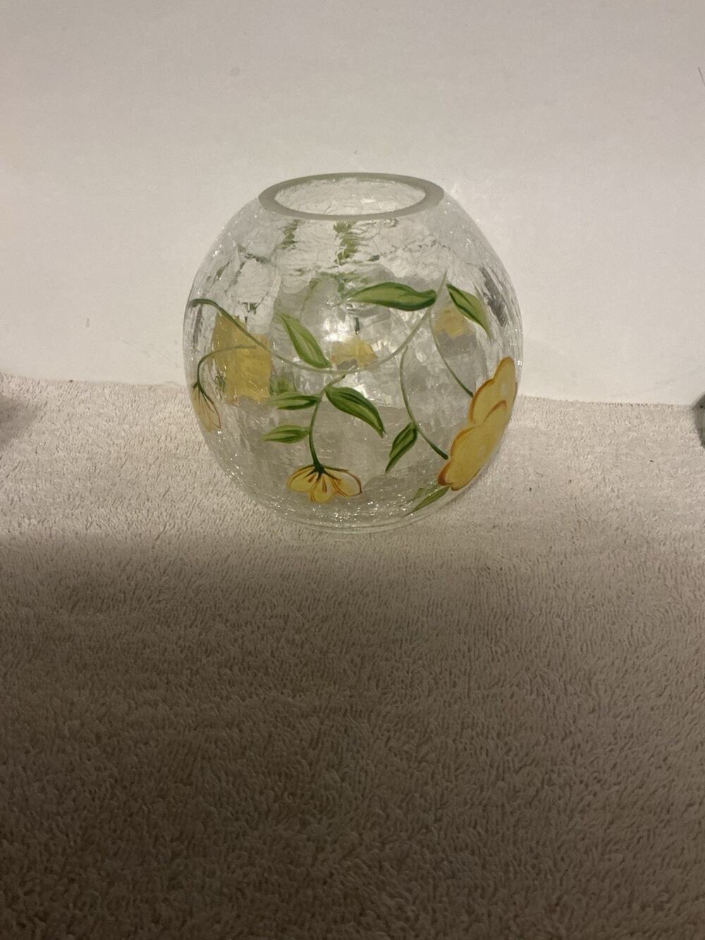 Vintage Fifth Avenue Crystal Crackle Glass Globe Yellow Floral Tea light